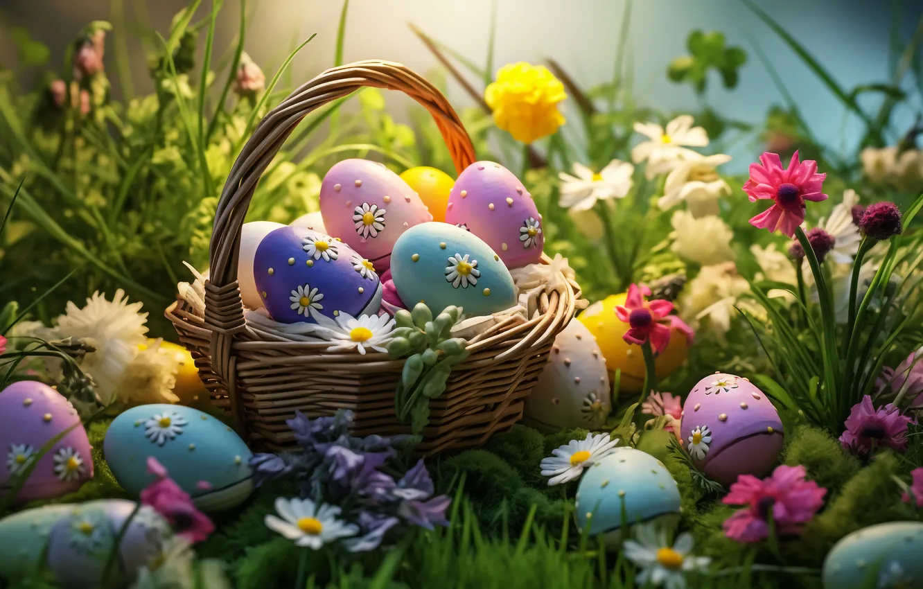 Photo wallpaper flowers, basket, glade, eggs, spring, colorful, Easter, flowers