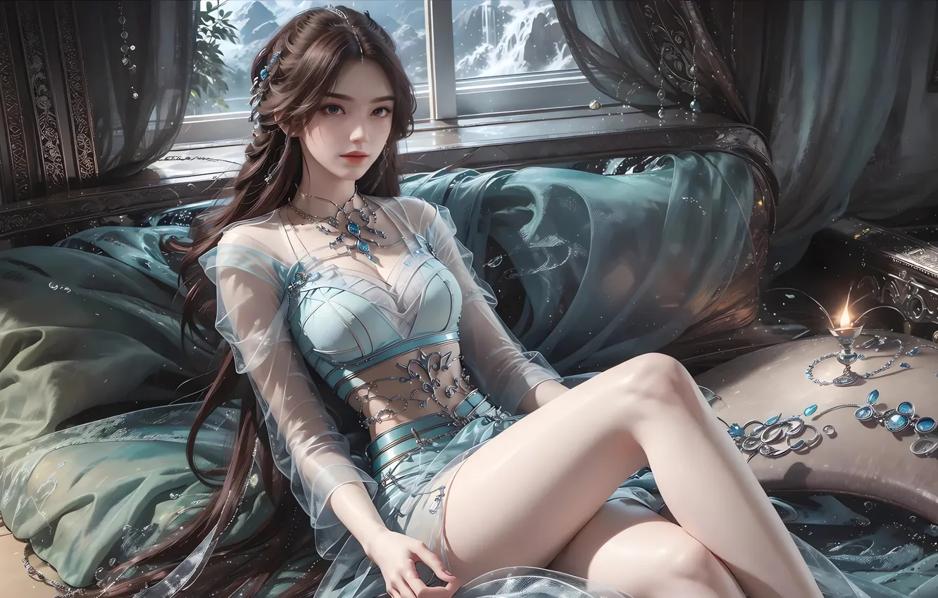 Photo wallpaper women, painting, Illustration, black hair, AI Art