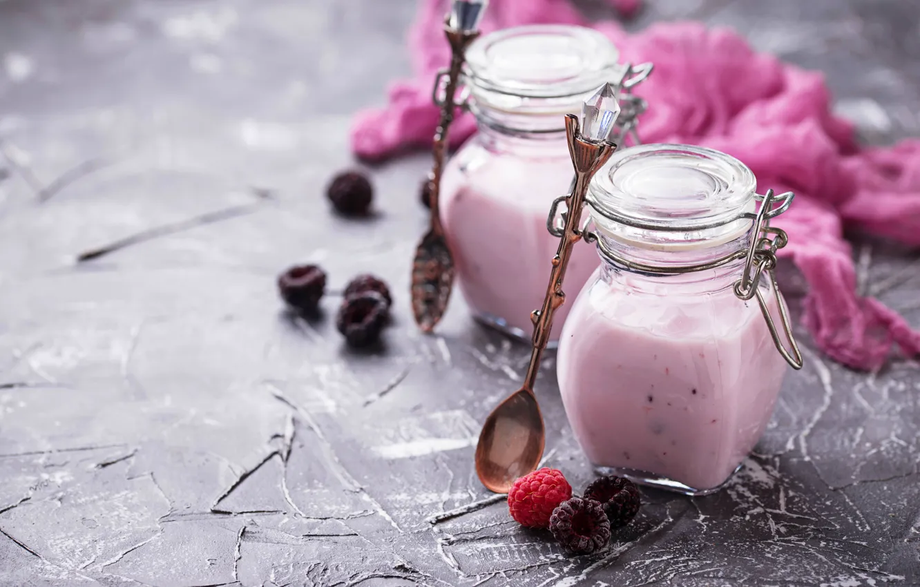 Photo wallpaper berries, raspberry, Breakfast, jars, spoon, yogurt
