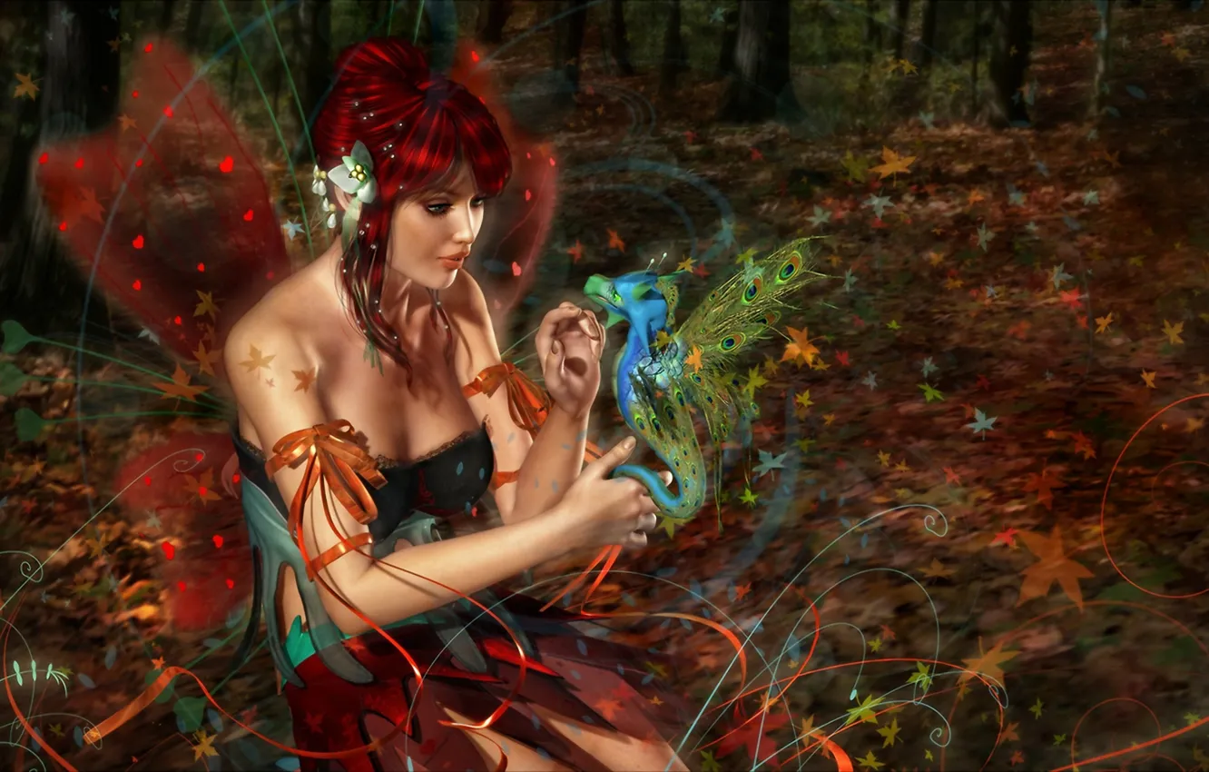Photo wallpaper forest, girl, dragon, wings, fairy, red, 3d art