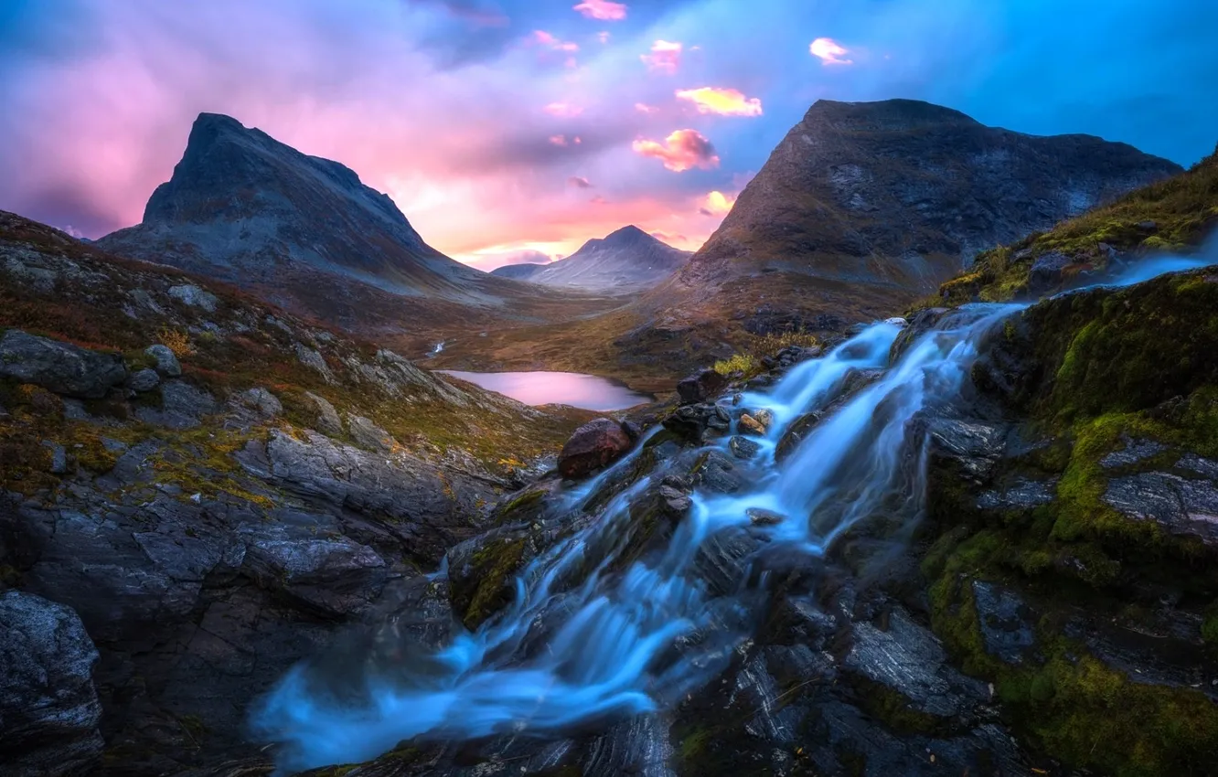 Photo wallpaper sky, landscape, nature, water, mountains, clouds, sunrise, Mountain Pass