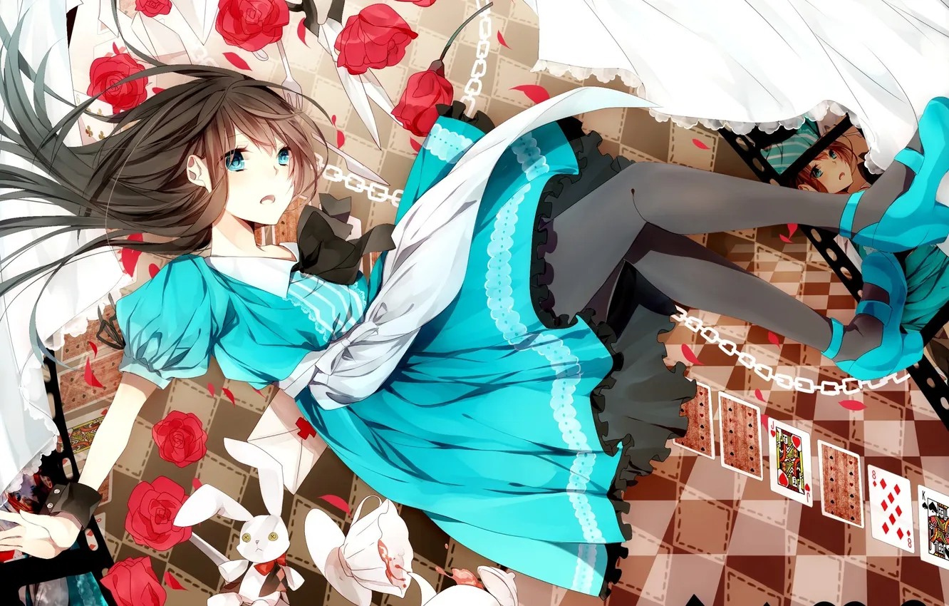 Photo wallpaper card, girl, flowers, roses, anime, art, Cup, Alice