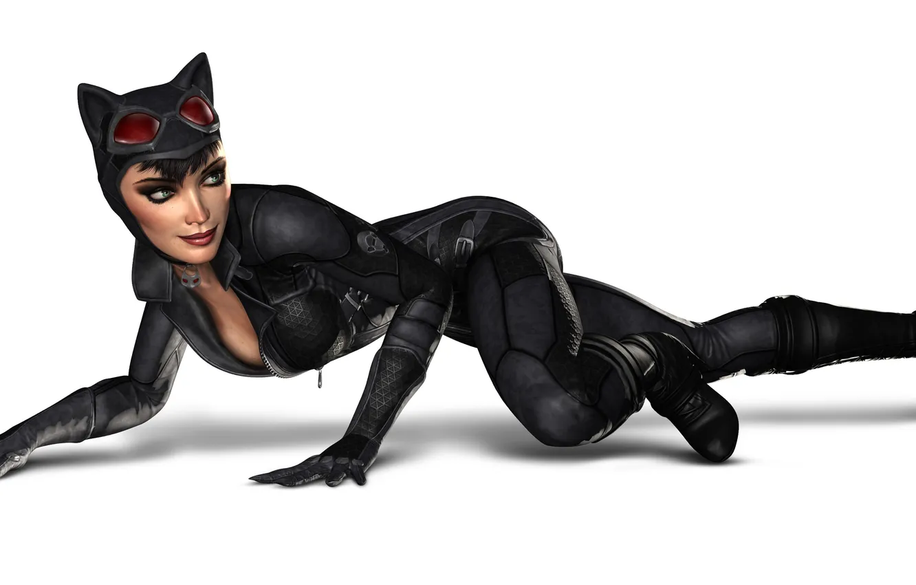 Photo wallpaper girl, pose, smile, costume, white background, art, Catwoman, Batman: Arkham City Armored Edition
