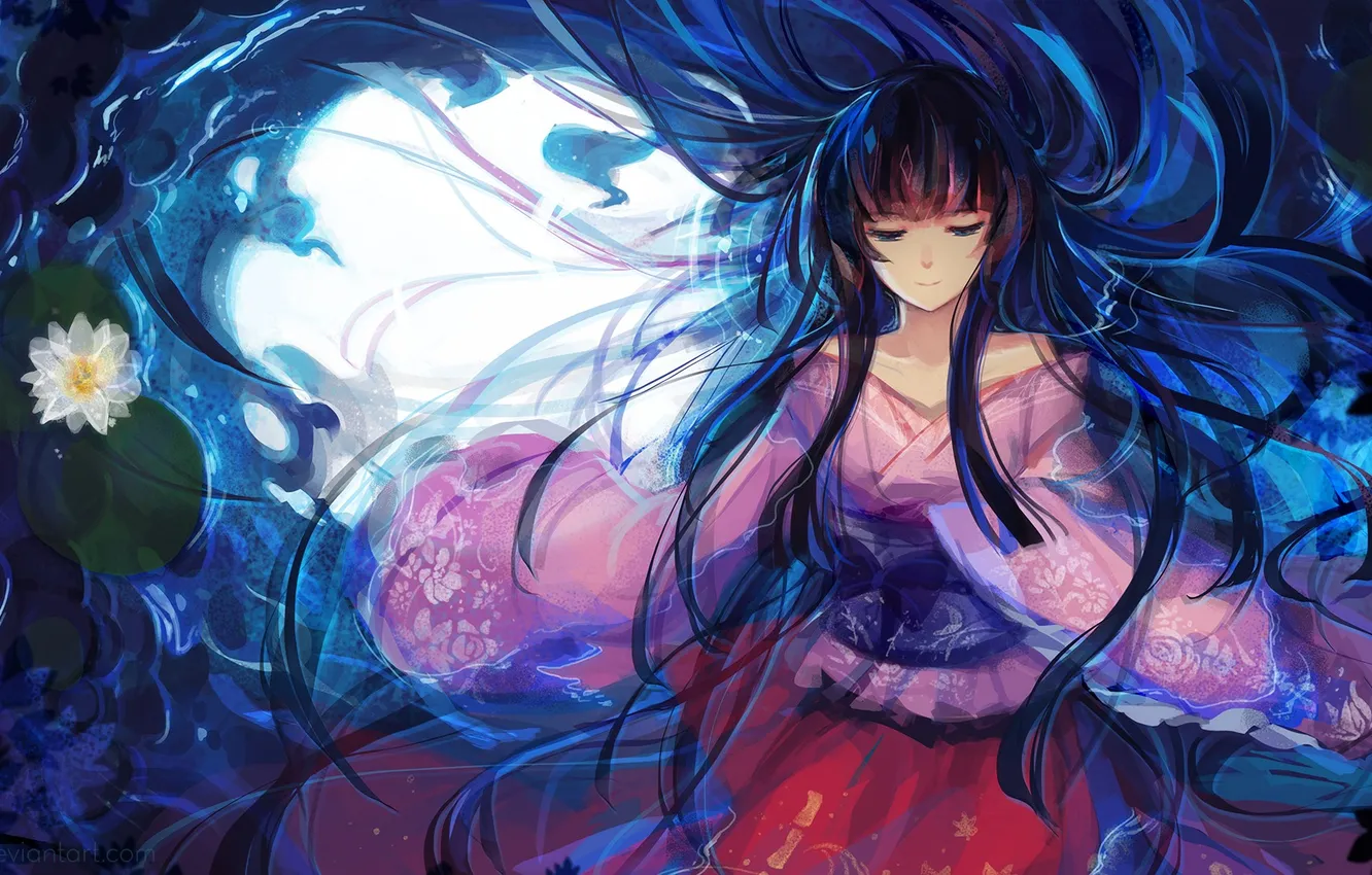 Photo wallpaper water, girl, flowers, smile, reflection, the moon, anime, art