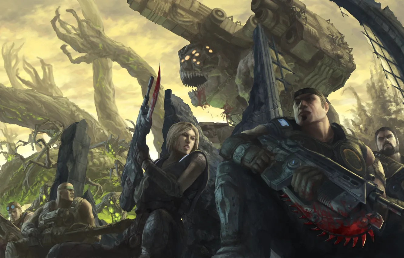 Photo wallpaper war, Gears of War 3, marcus fenix, Damon S. Baird, Anya Stroud, Brumak, Minh Young …