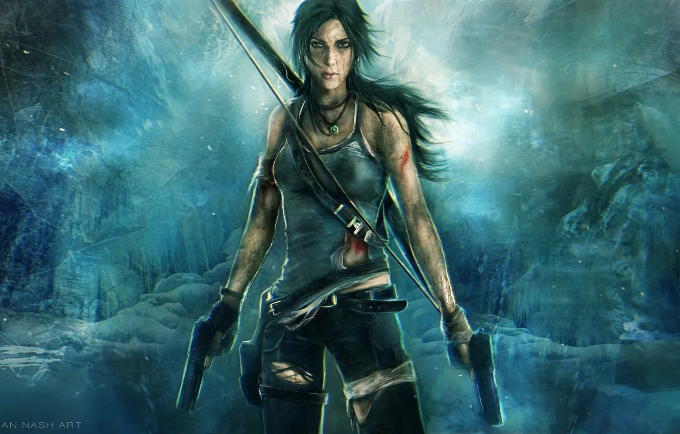 Photo wallpaper look, girl, blood, bow, art, Tomb Raider, Lara Croft, weapons. gun