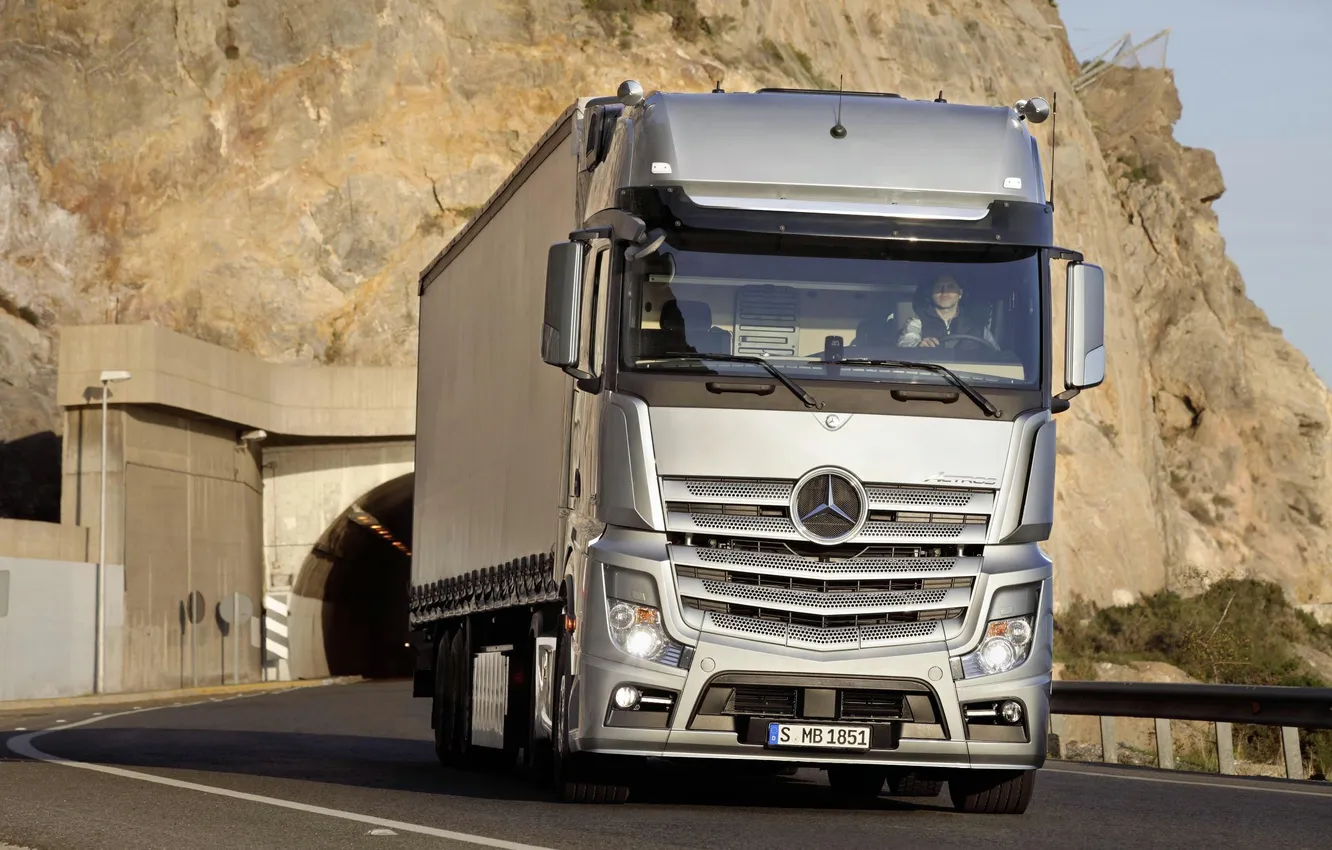 Photo wallpaper road, mountains, tent, Truck, Mercedes, Benz, 2012, tunnel