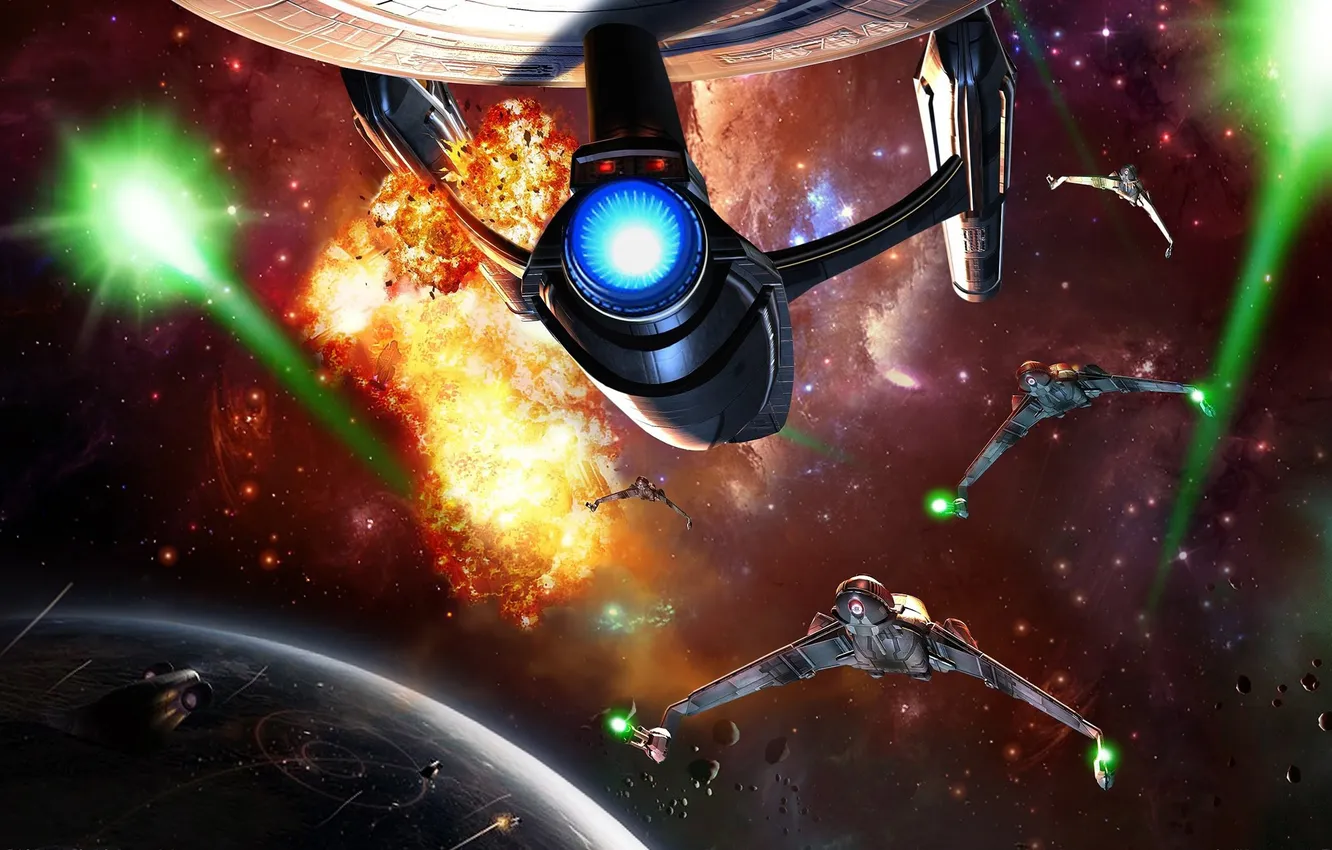Photo wallpaper space, the explosion, planet, fighter, Enterprise, Star trek, Star Trek, spaceship