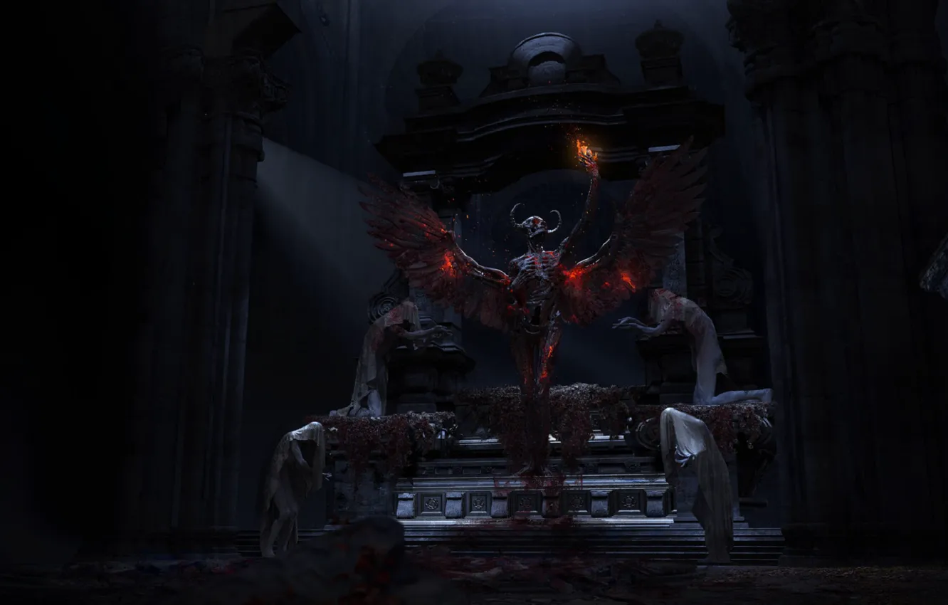 Photo wallpaper skeleton, the devil, blood, on my knees, tomb, wings of fire, horned God, rite