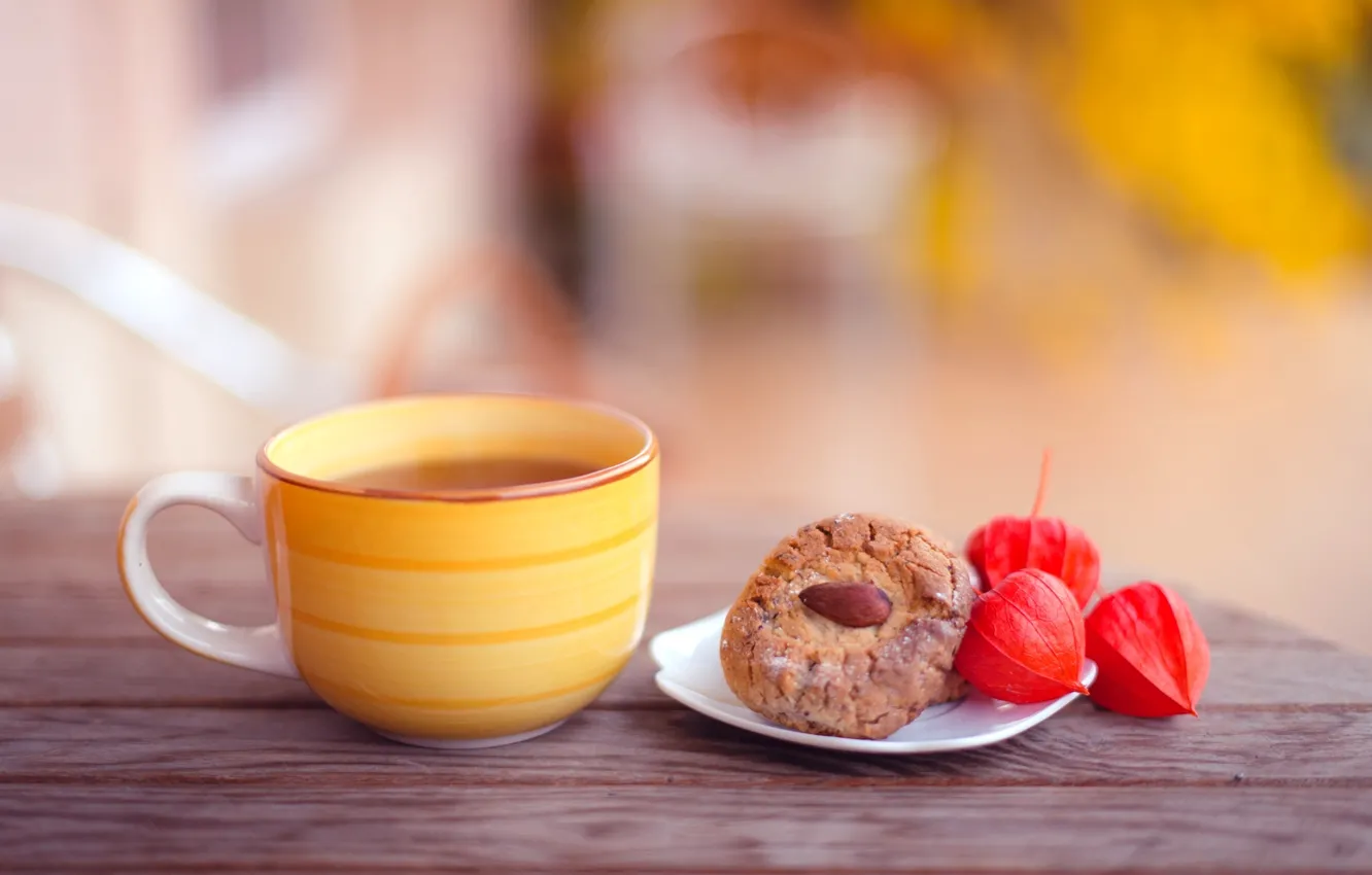 Photo wallpaper autumn, yellow, table, tea, cookies, Cup, cakes, almonds