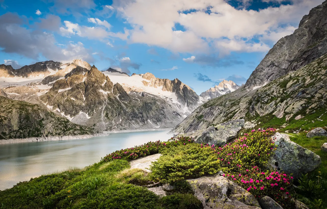 Photo wallpaper clouds, landscape, mountains, nature, lake, stones, vegetation, Switzerland