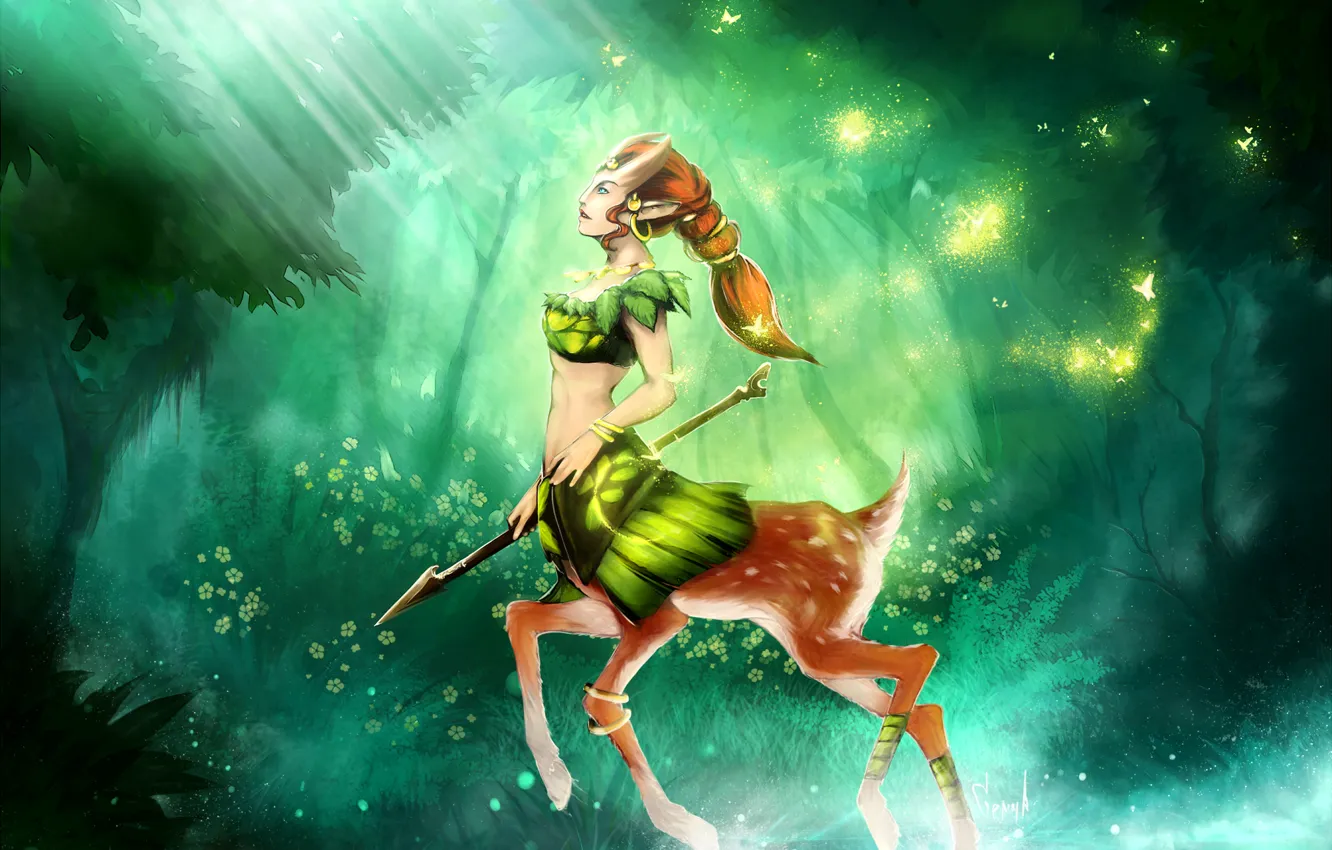 Photo wallpaper forest, girl, nature, deer, art, spear, dota 2, Aiushtha appears to