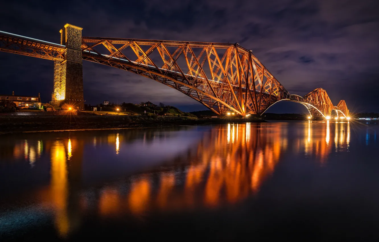 Photo wallpaper night, bridge, river, Forth Bridge