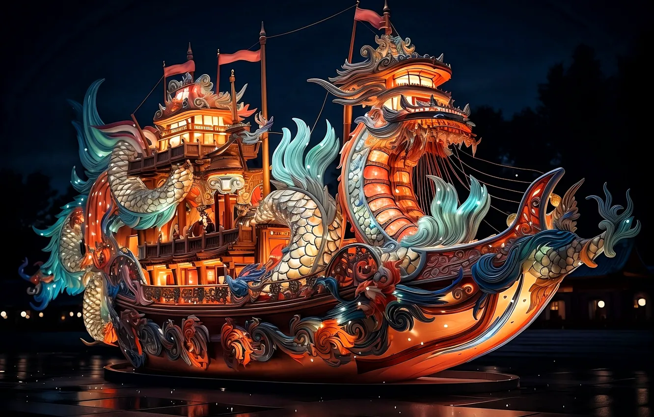 Photo wallpaper light, night, lights, style, dragon, ship, scales, flag