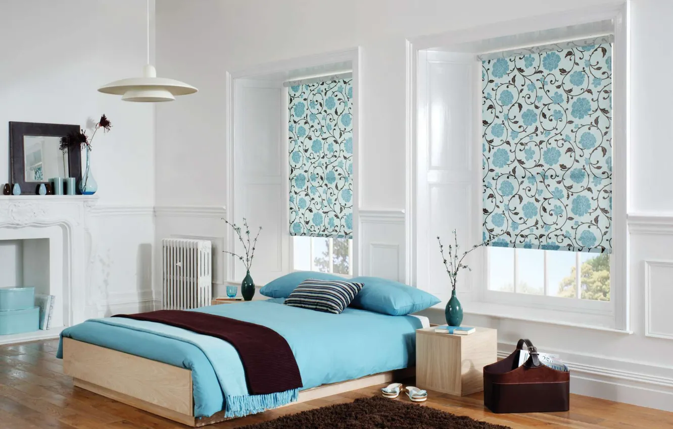 Photo wallpaper design, room, blue, linen, interior, chandelier, bedroom, vases