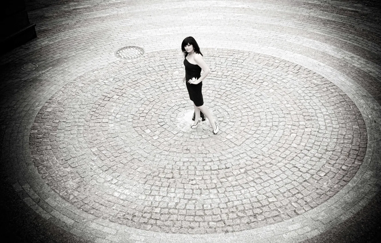 Photo wallpaper girl, tile, round, brunette, area, shoes, legs, is