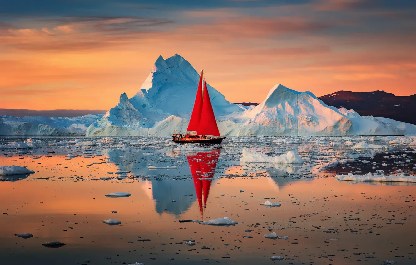 Photo wallpaper landscape, nature, reflection, the ocean, dawn, boat, sailboat, ice