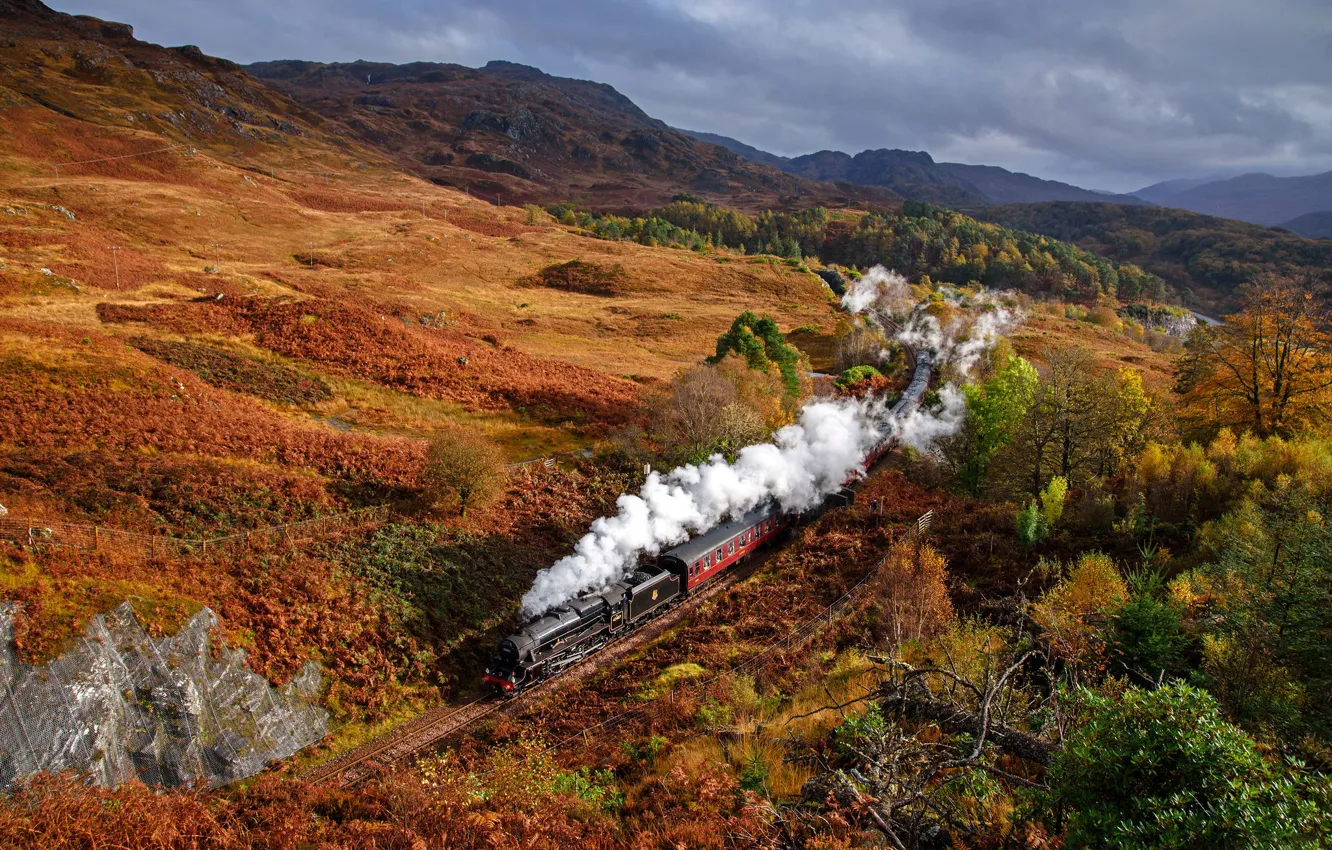 Photo wallpaper autumn, hills, smoke, train, Scotland