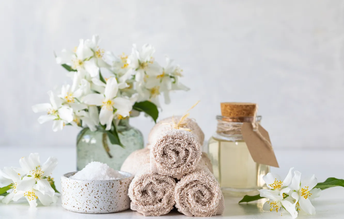 Photo wallpaper flowers, towel, Spa, Jasmine