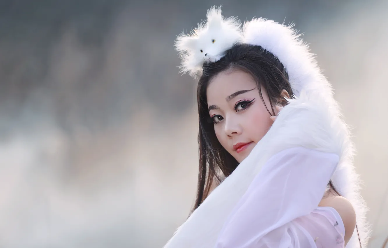Photo wallpaper look, girl, style, portrait, makeup, Fox, Asian, in white