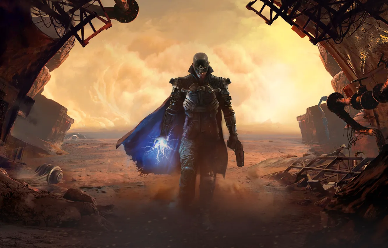 Photo wallpaper sand, gun, weapons, desert, smoke, figure, mask, pipe