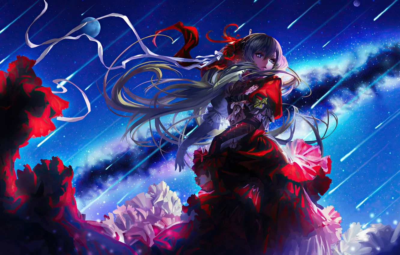 Photo wallpaper the sky, anime, vocaloid, hatsune miku, blue hair, anime, Starfall, anime girls