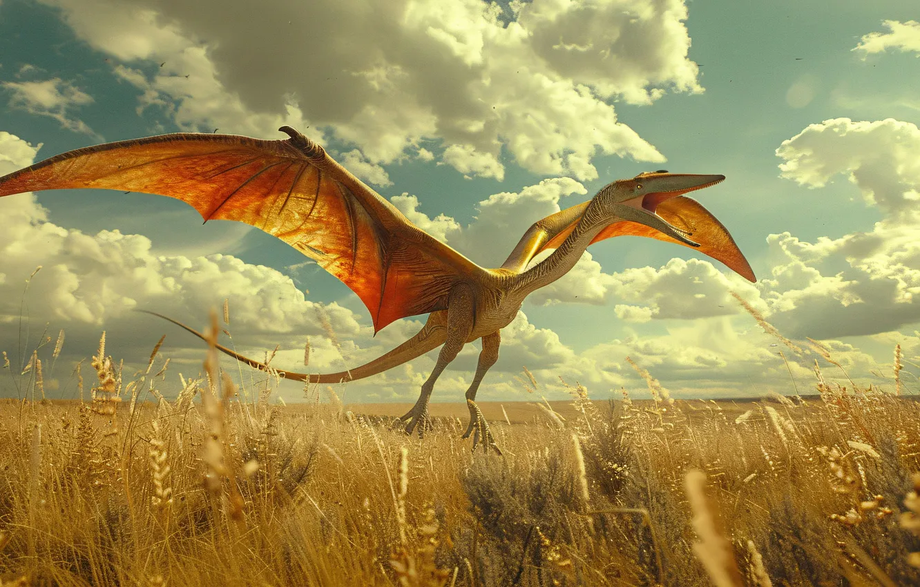 Photo wallpaper grass, clouds, animal, wings, dinosaur, the rise, pterodactyl, digital art
