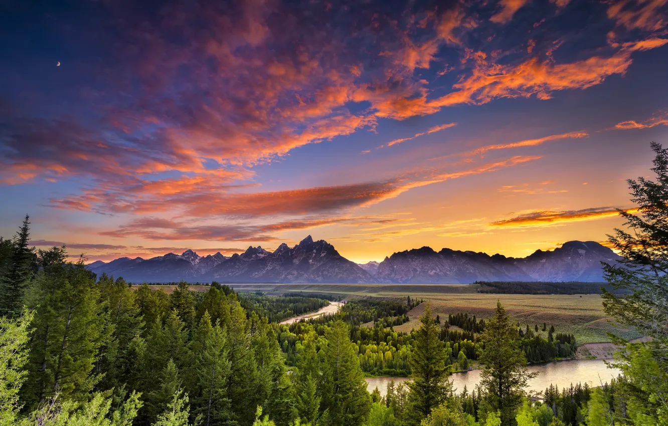 Photo wallpaper forest, the sky, trees, sunset, mountains, river, the evening, Wyoming