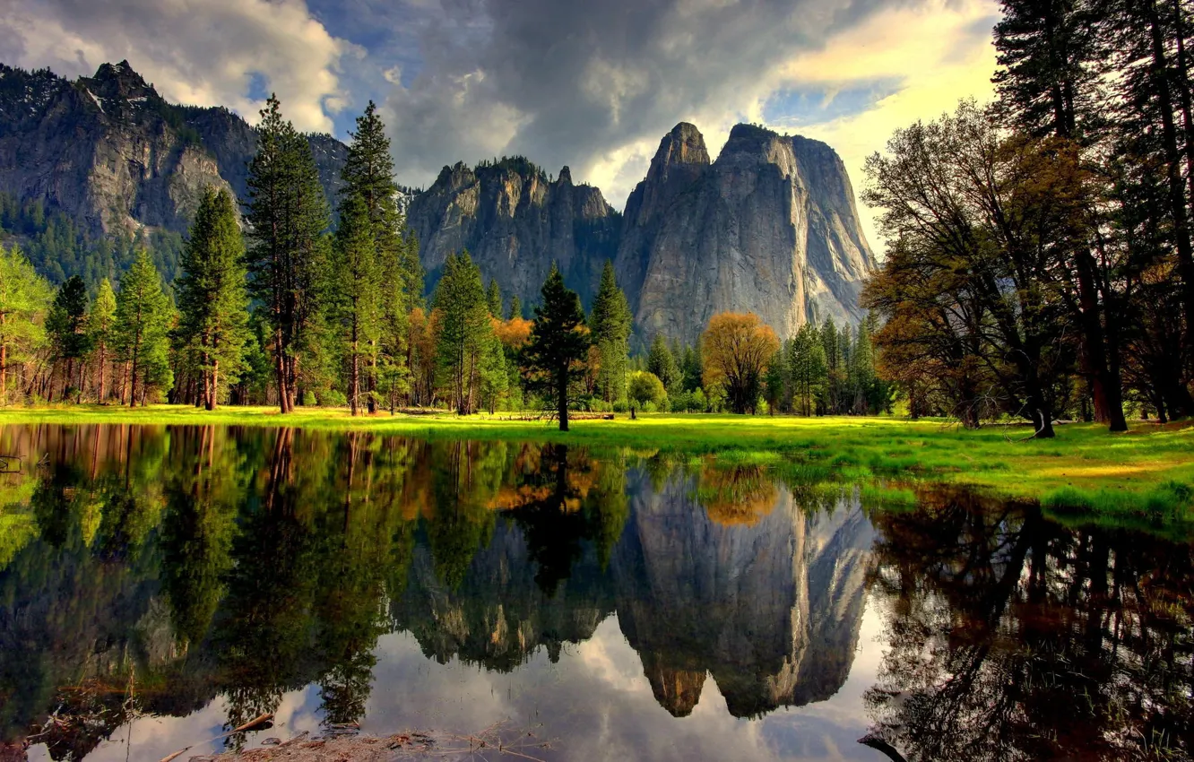 Photo wallpaper water, trees, mountains, nature, lake, reflection, CA, USA