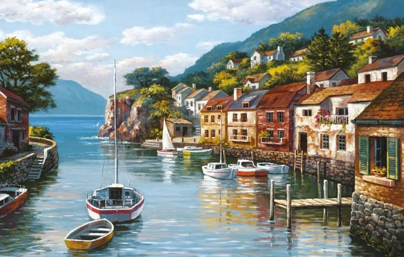 Photo wallpaper sea, the city, picture, boats, painting, painting, Sung Kim