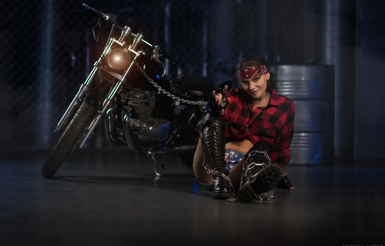 Photo wallpaper chain, pose, shirt, boots, on the floor, Honda, motorcycle, brunette