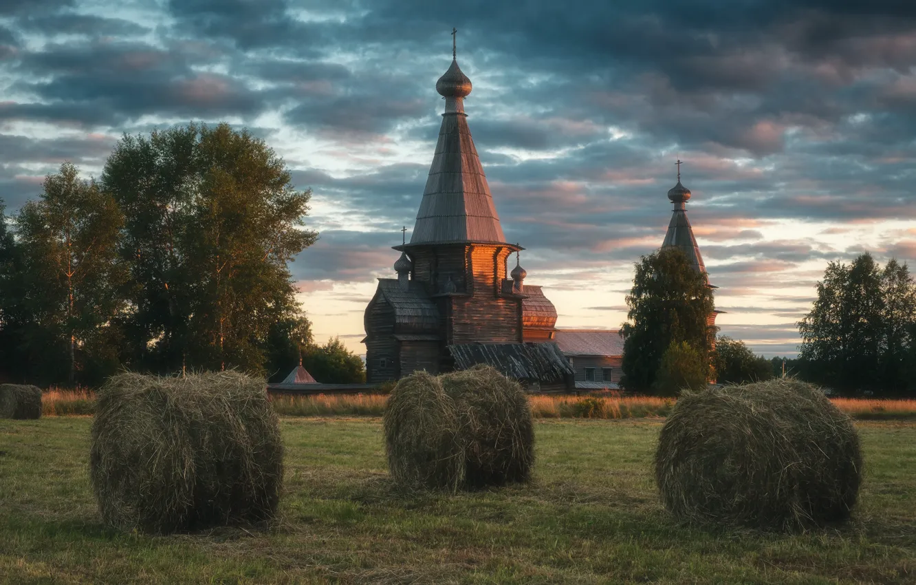 Photo wallpaper summer, landscape, nature, the evening, meadow, hay, Church, hay