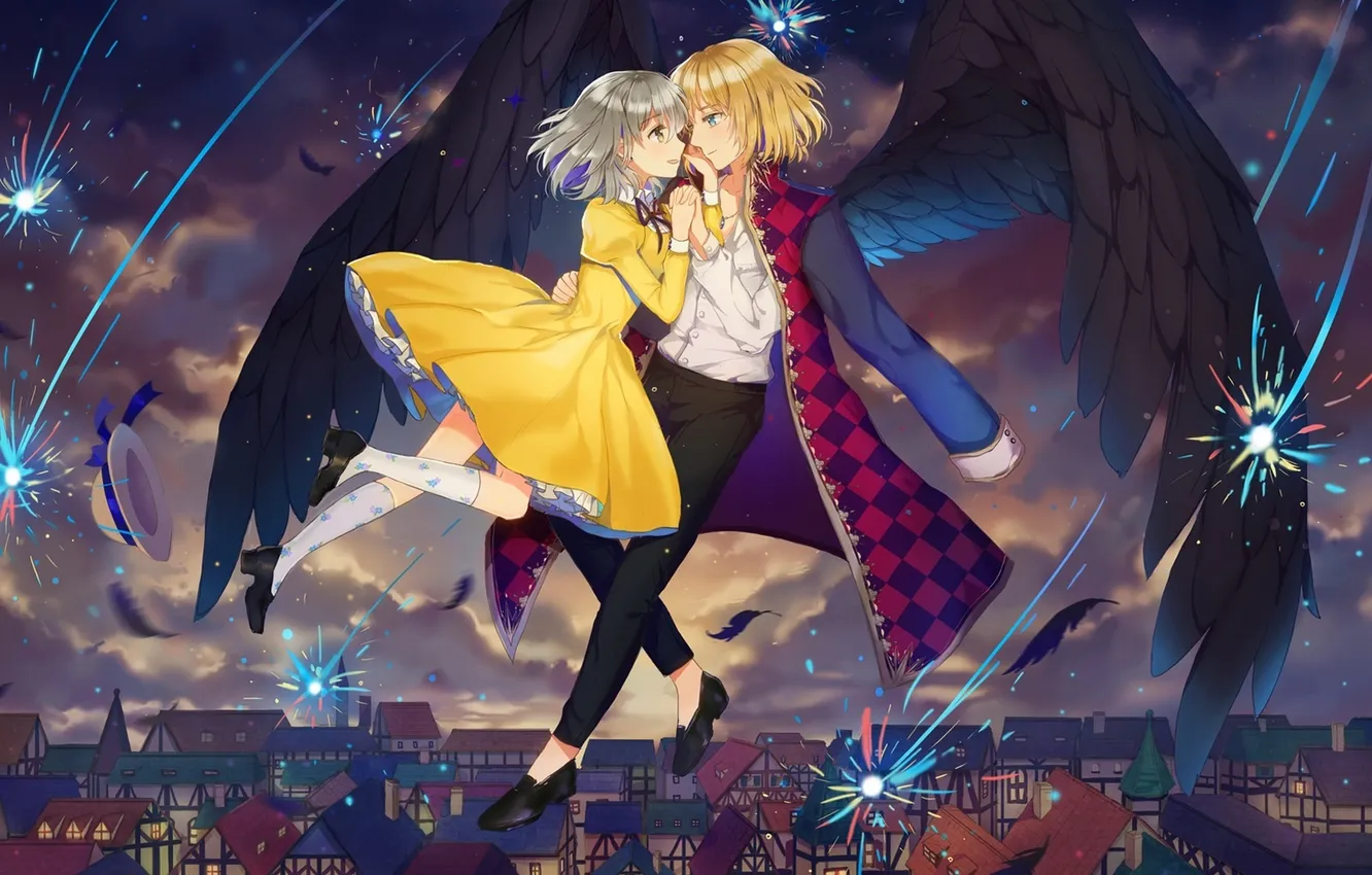 Photo wallpaper roof, the sky, girl, clouds, wings, hat, anime, art