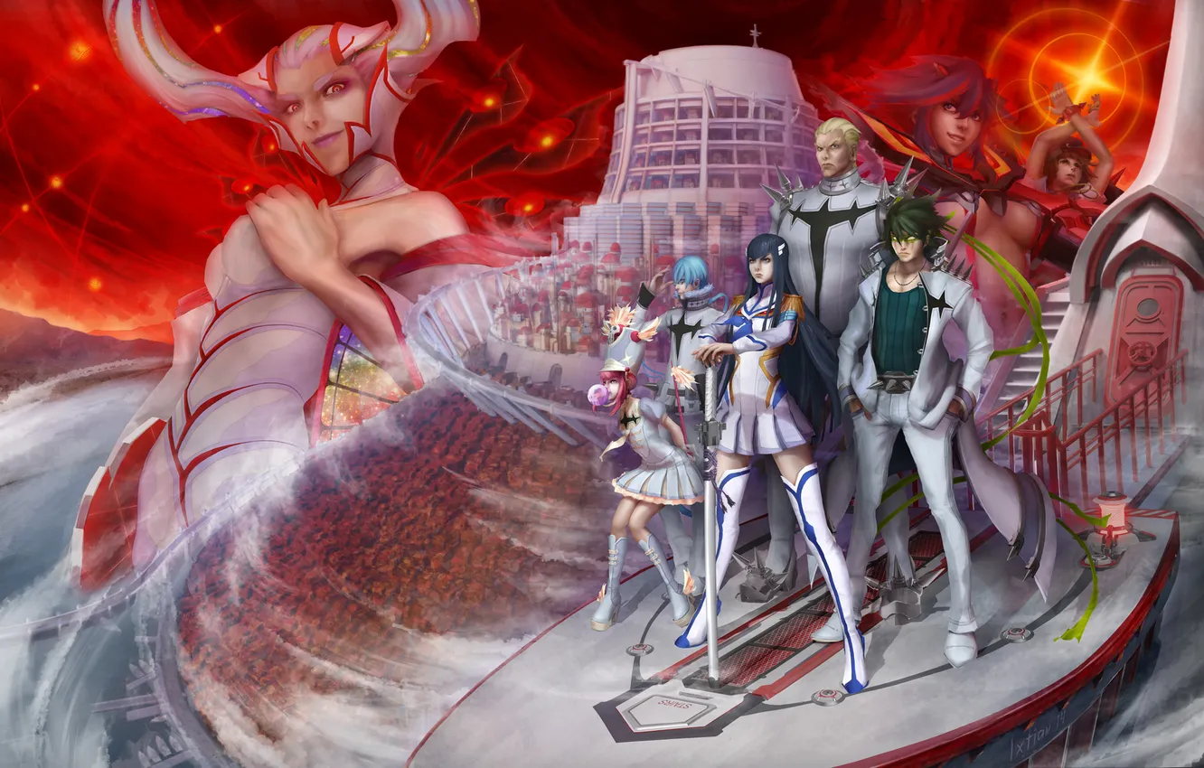 Photo wallpaper look, girl, smile, weapons, magic, guy, school, art