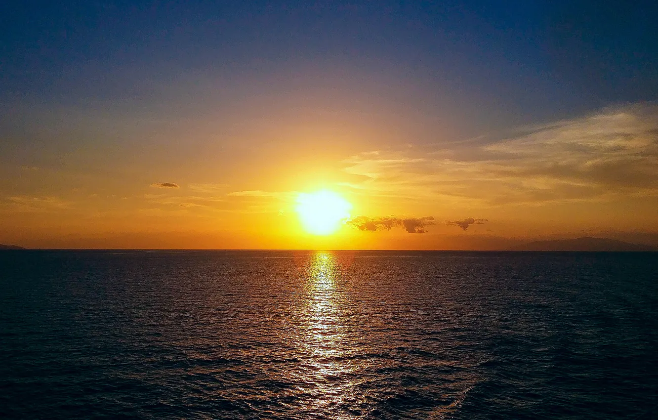 Photo wallpaper sea, clouds, sunset, reflection, mirror, horizon, yellow sky