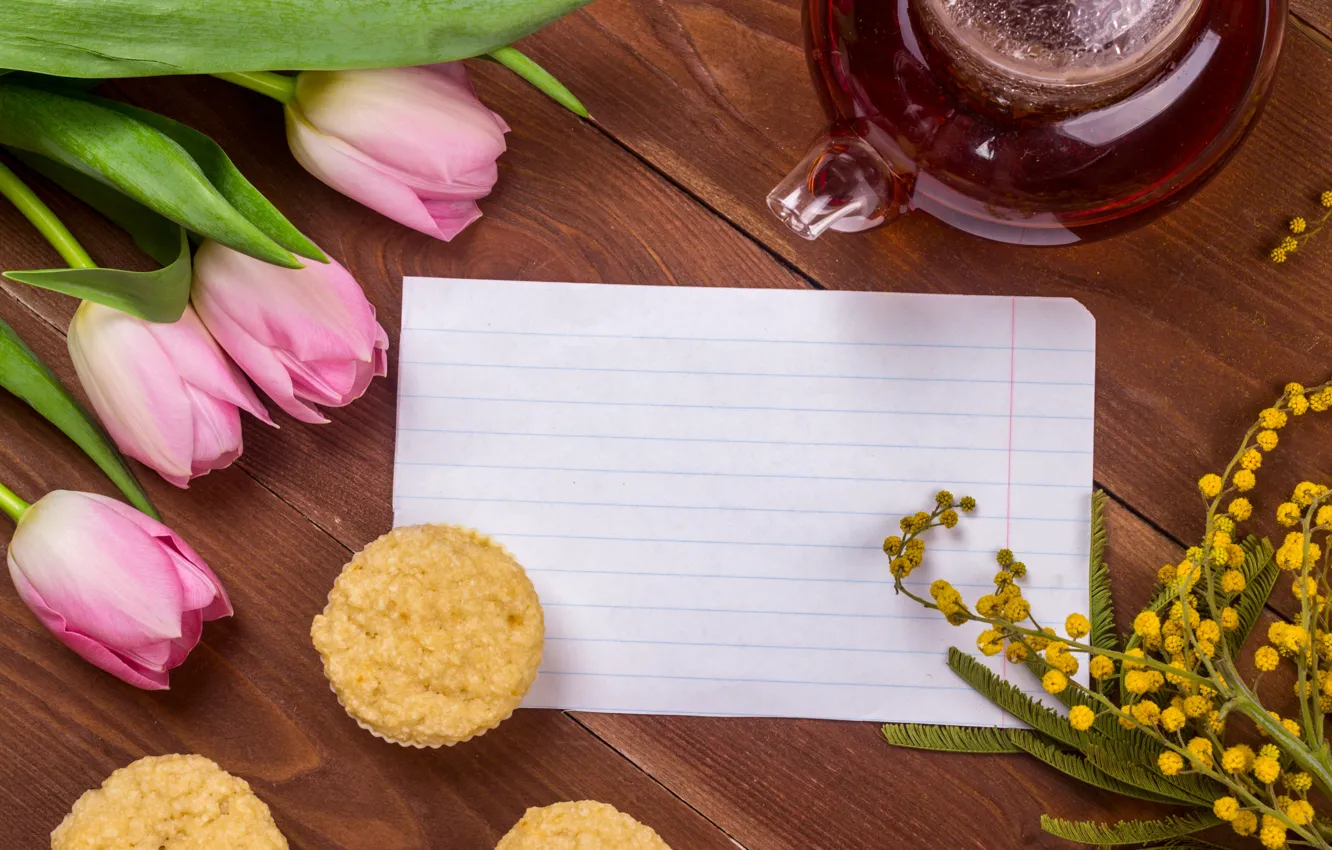 Photo wallpaper sheet, tea, tulips, cupcake, Mimosa