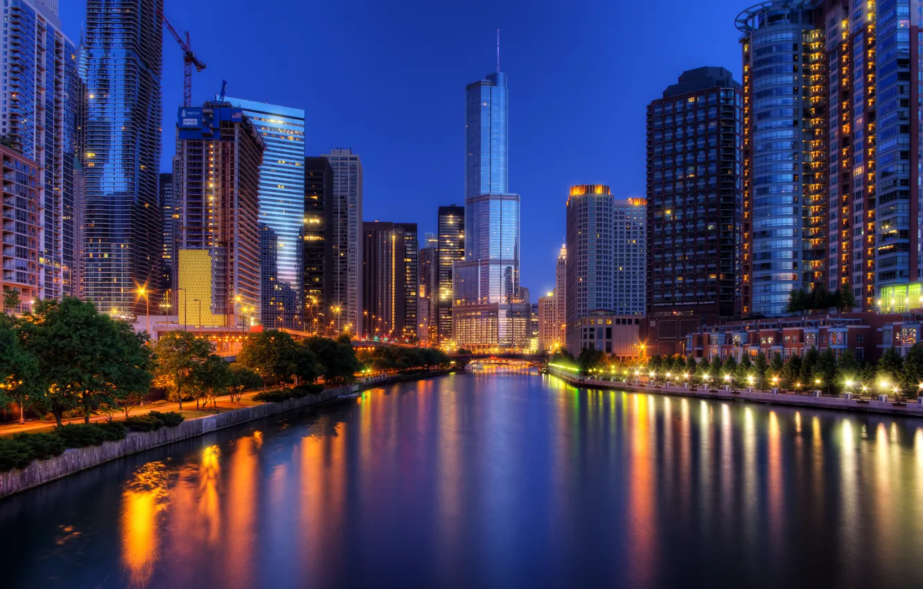 Photo wallpaper night, the city, lights, skyscrapers, Chicago, USA, Chicago, Illinois