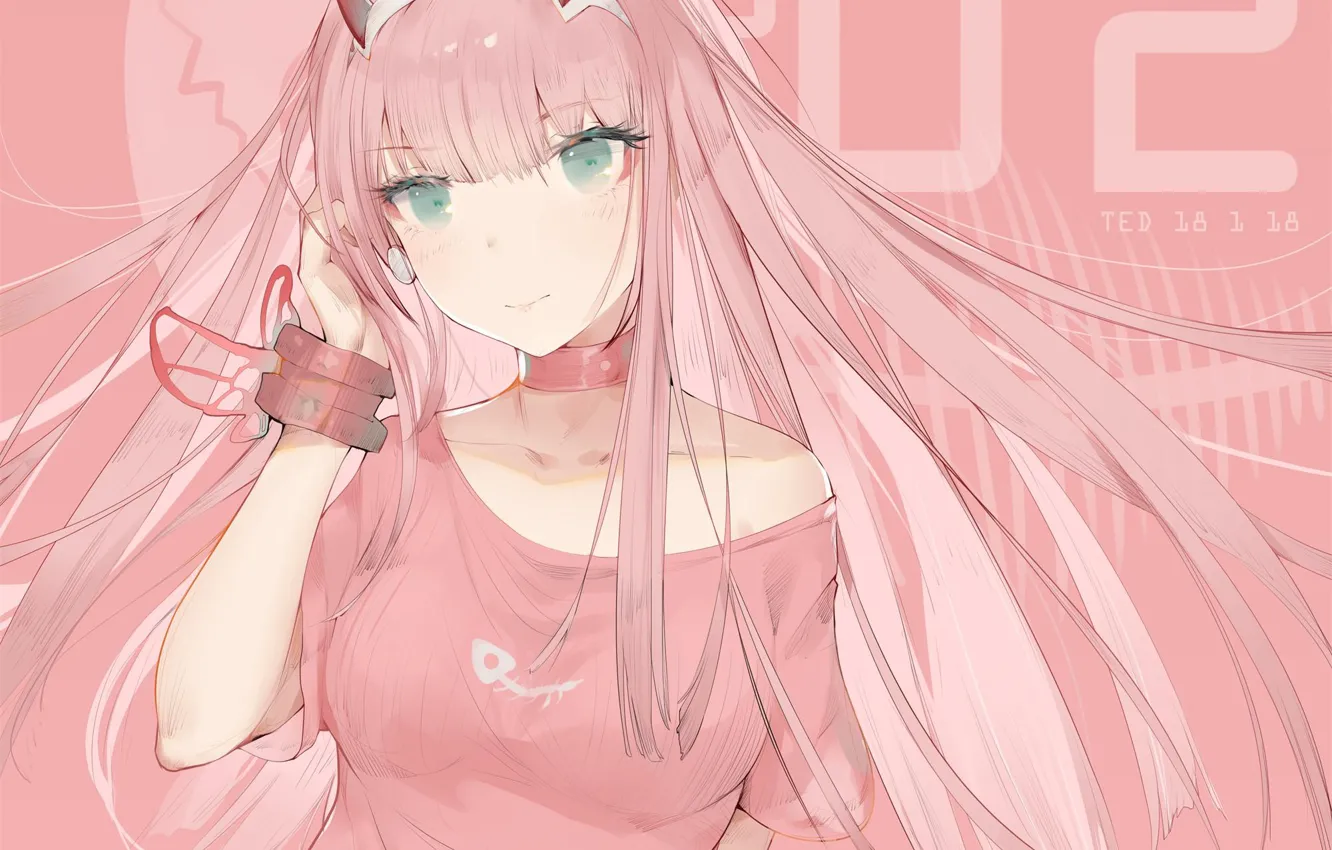 Photo wallpaper look, girl, pink hair, Darling In The Frankxx
