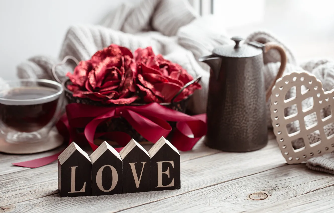 Photo wallpaper love, flowers, red, holiday, the inscription, tea, cubes, heart