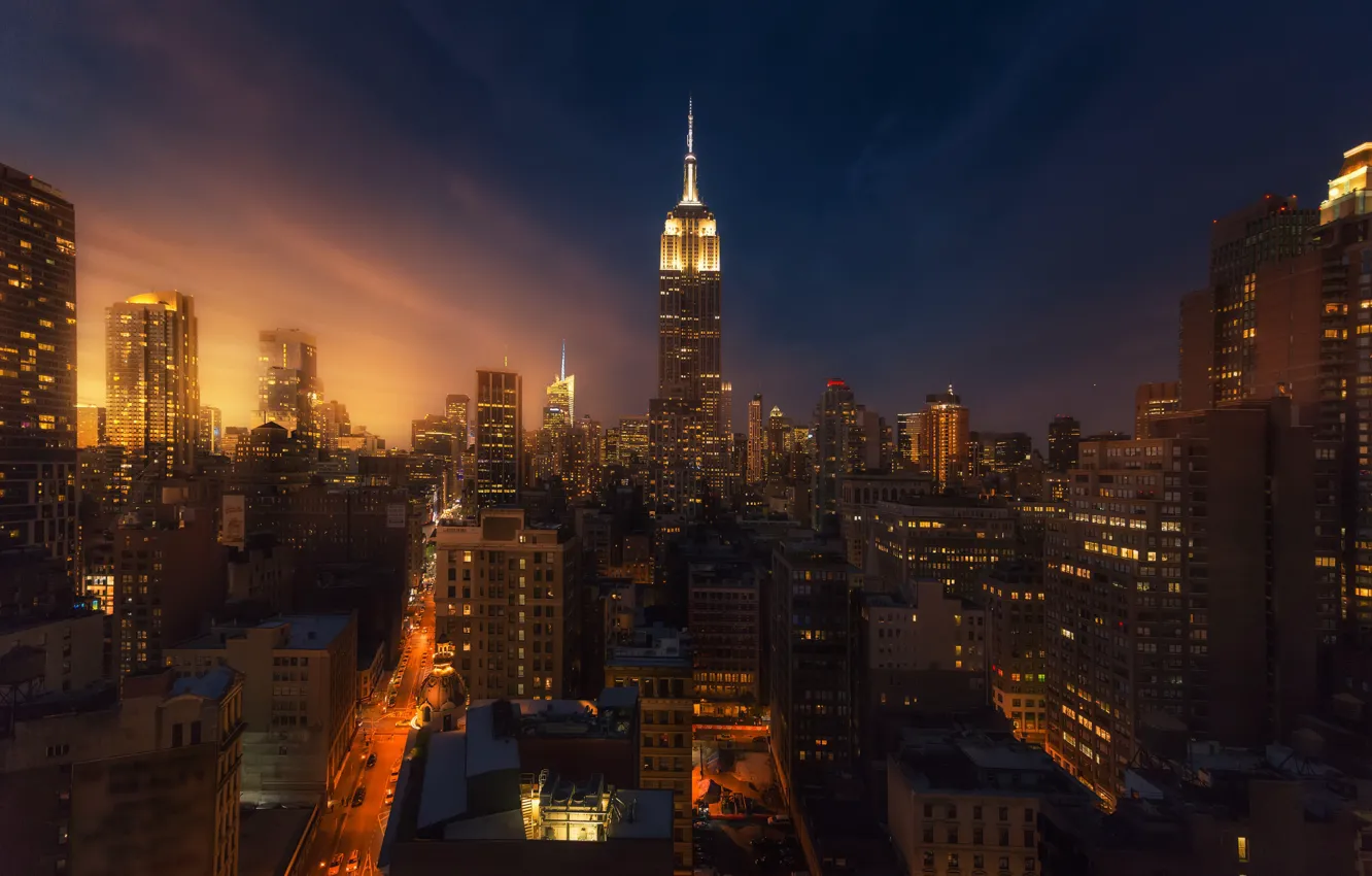Photo wallpaper night, the city, lights, home, the evening, New York