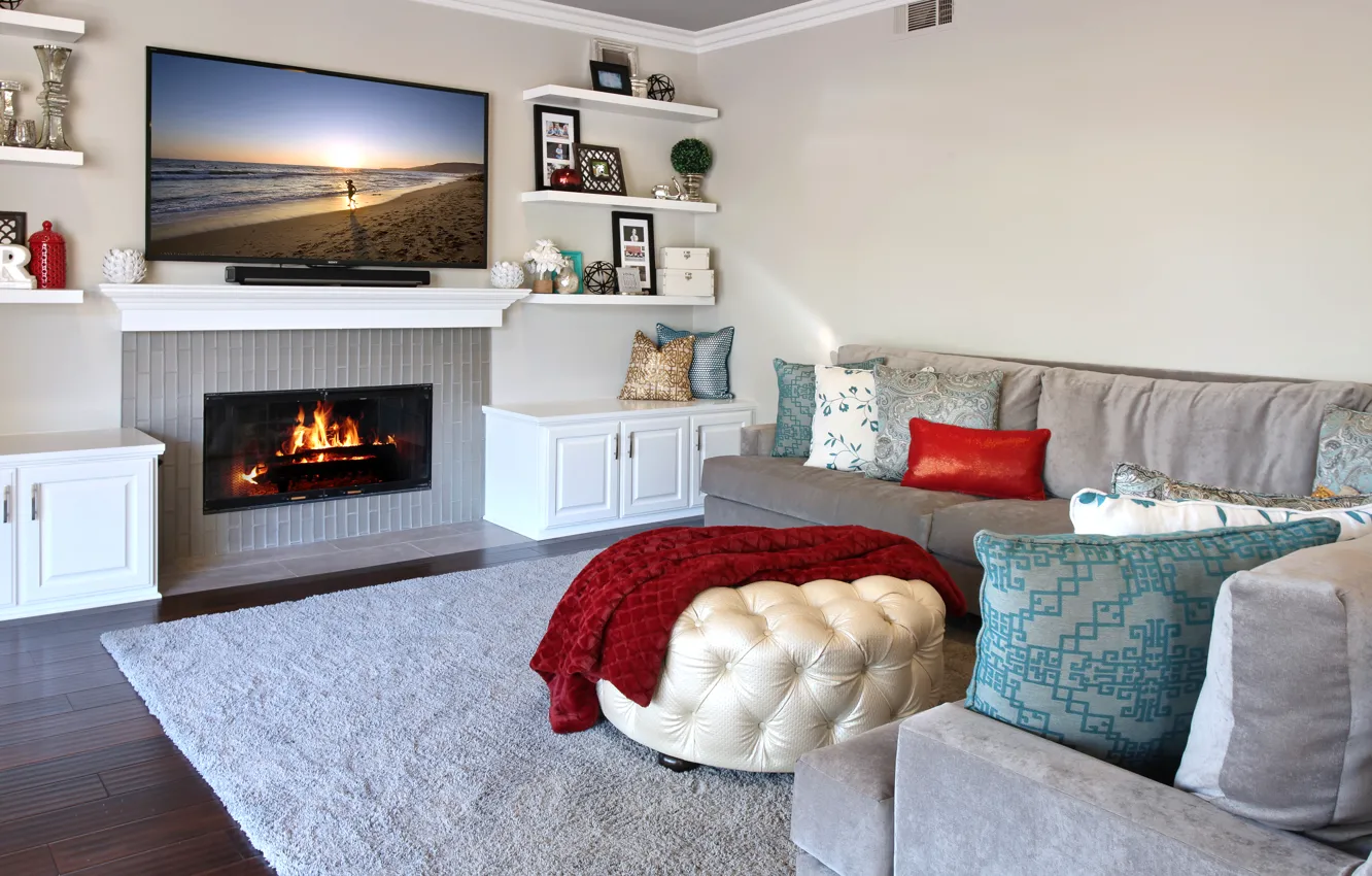Photo wallpaper sofa, home, interior, TV, wardrobe, fireplace, living room