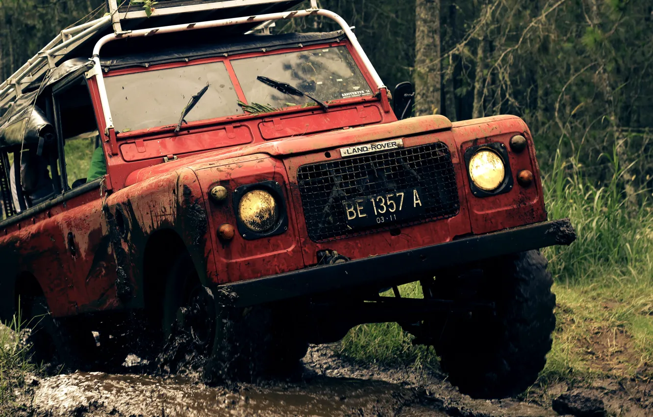 Photo wallpaper Red, Land Rover, 4x4, Defender, Offroad, Mud