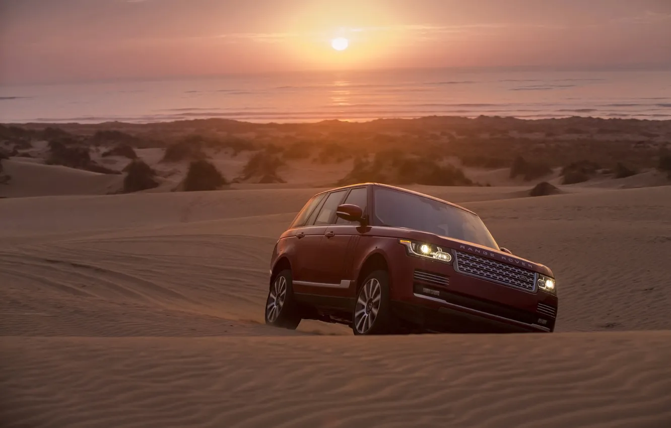Photo wallpaper sand, sunset, background, horizon, jeep, Land Rover, Range Rover, the front