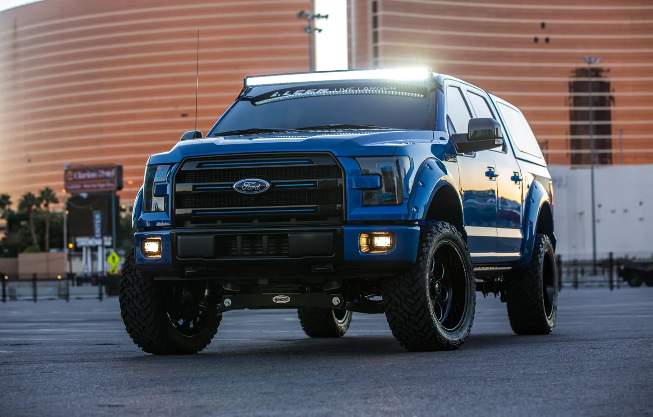 Photo wallpaper Ford, Blue, Front, F-150, Pickup, SEMA 2015, Leer Edition