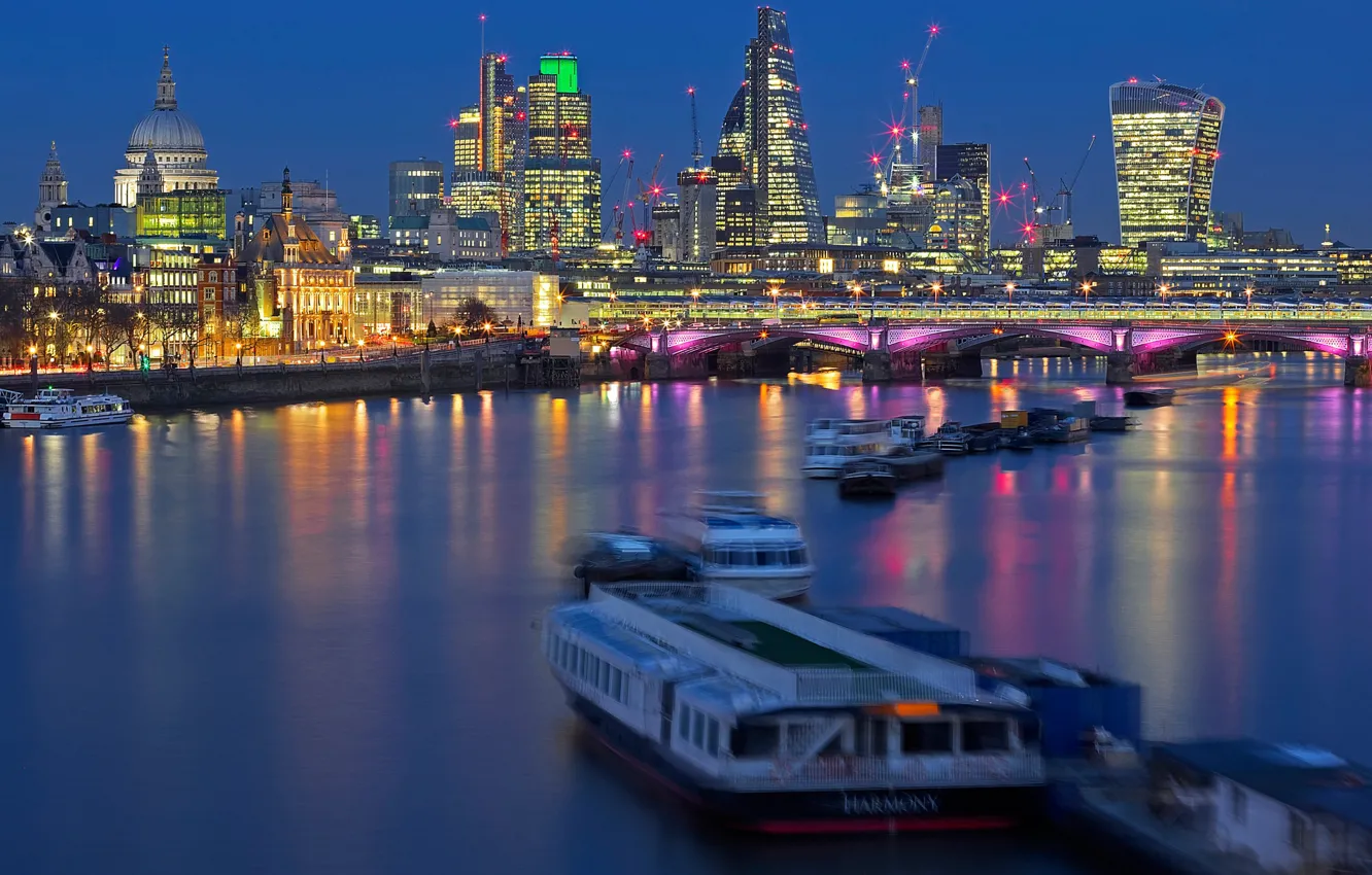 Photo wallpaper night, bridge, lights, river, England, London, Cathedral