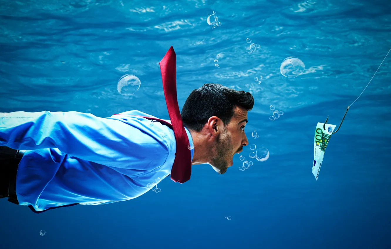 Photo wallpaper bubbles, the situation, humor, tie, male, under water, bills, floats