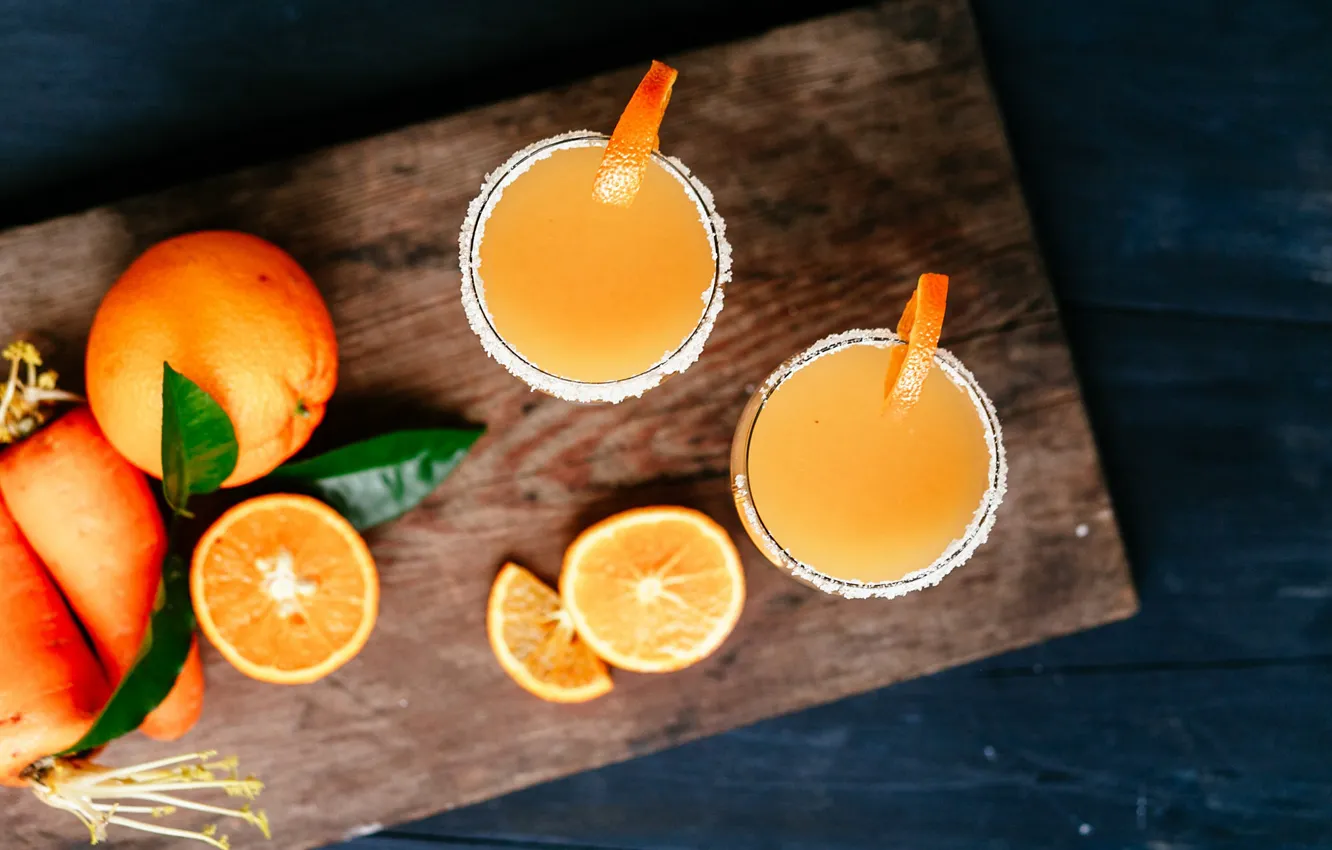 Photo wallpaper leaves, glass, Board, orange, juice, Cup, cocktail, drink