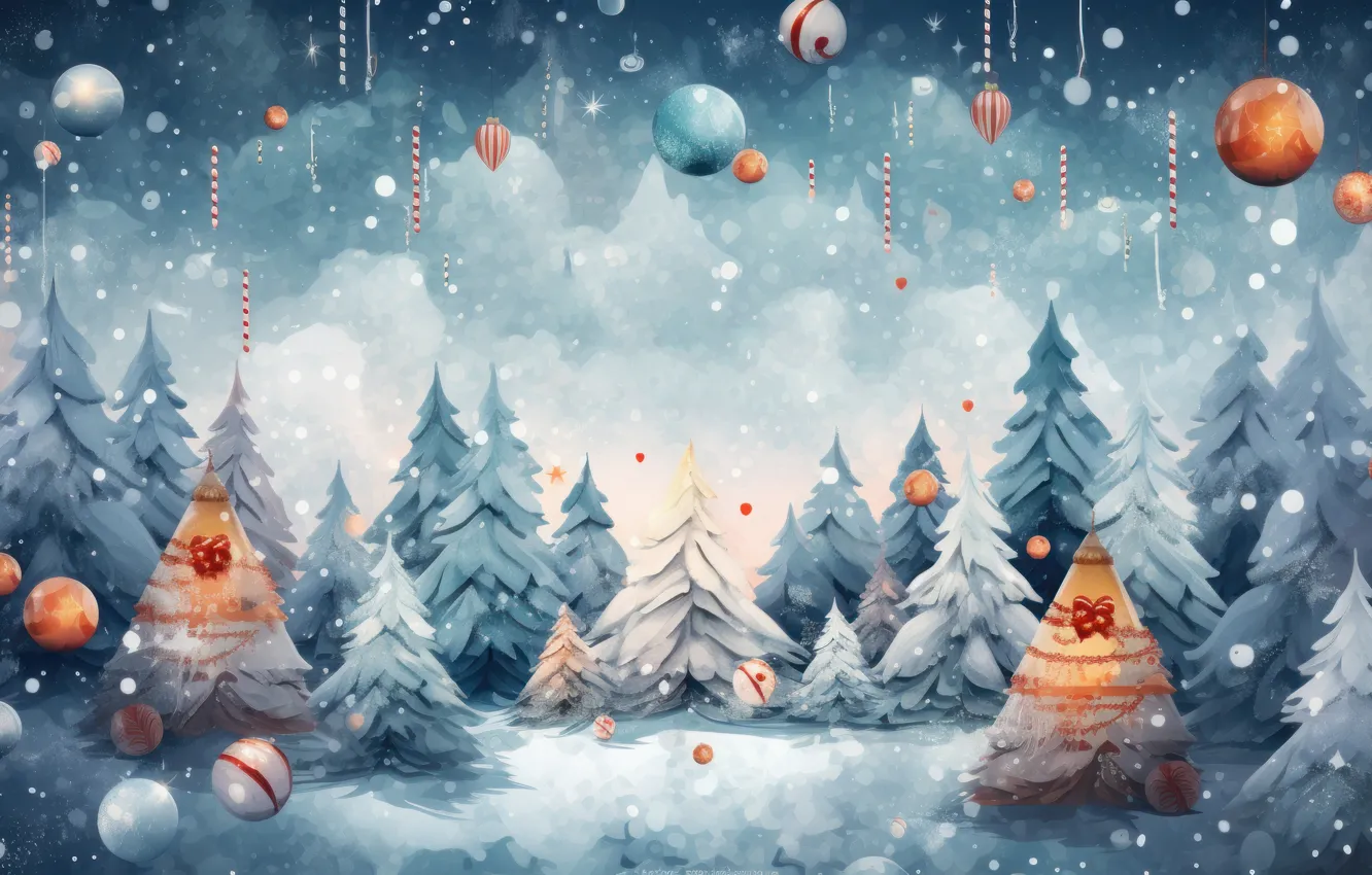 Photo wallpaper winter, forest, balls, snow, flight, balls, figure, new year