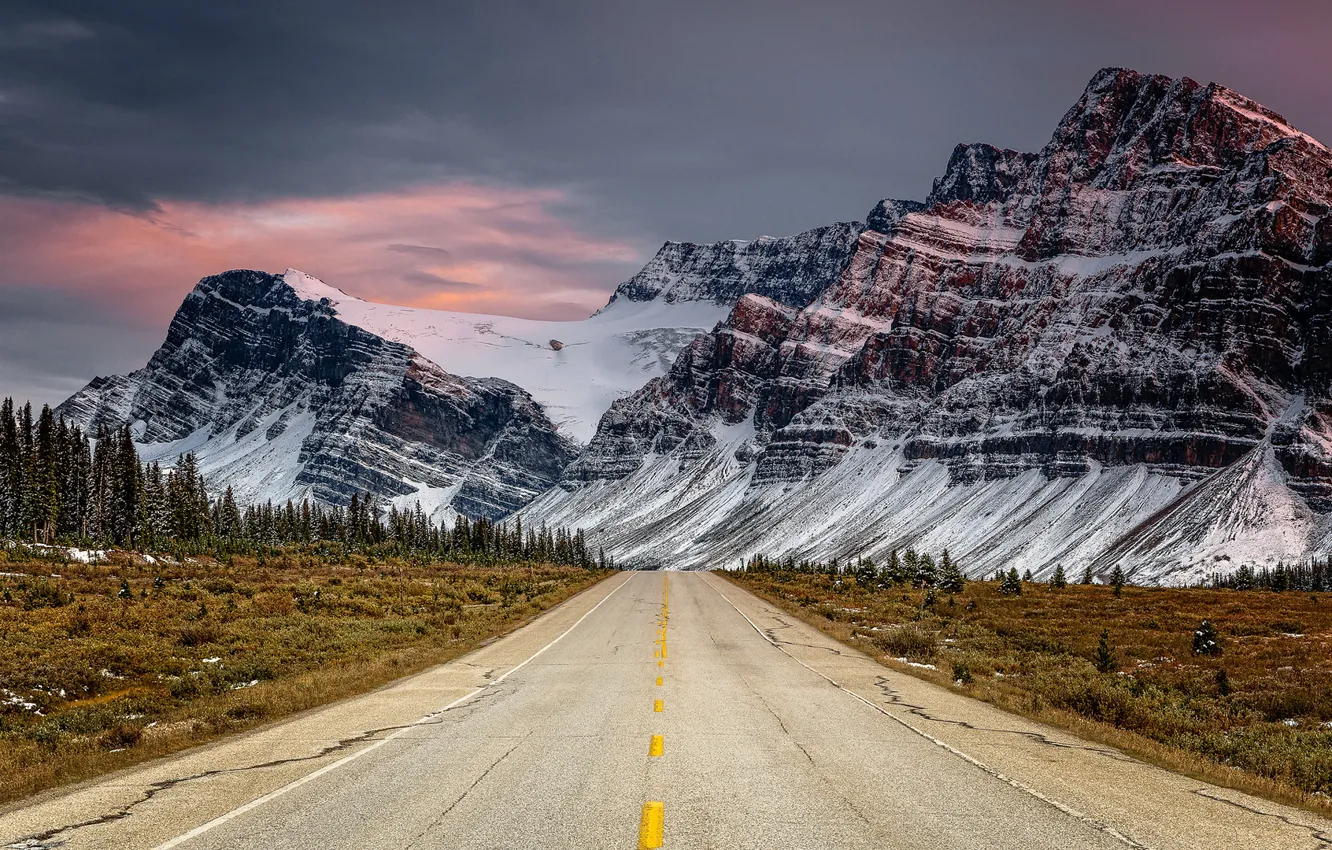 Photo wallpaper road, forest, snow, mountains, the evening, Wallpaper from lolita777, shose