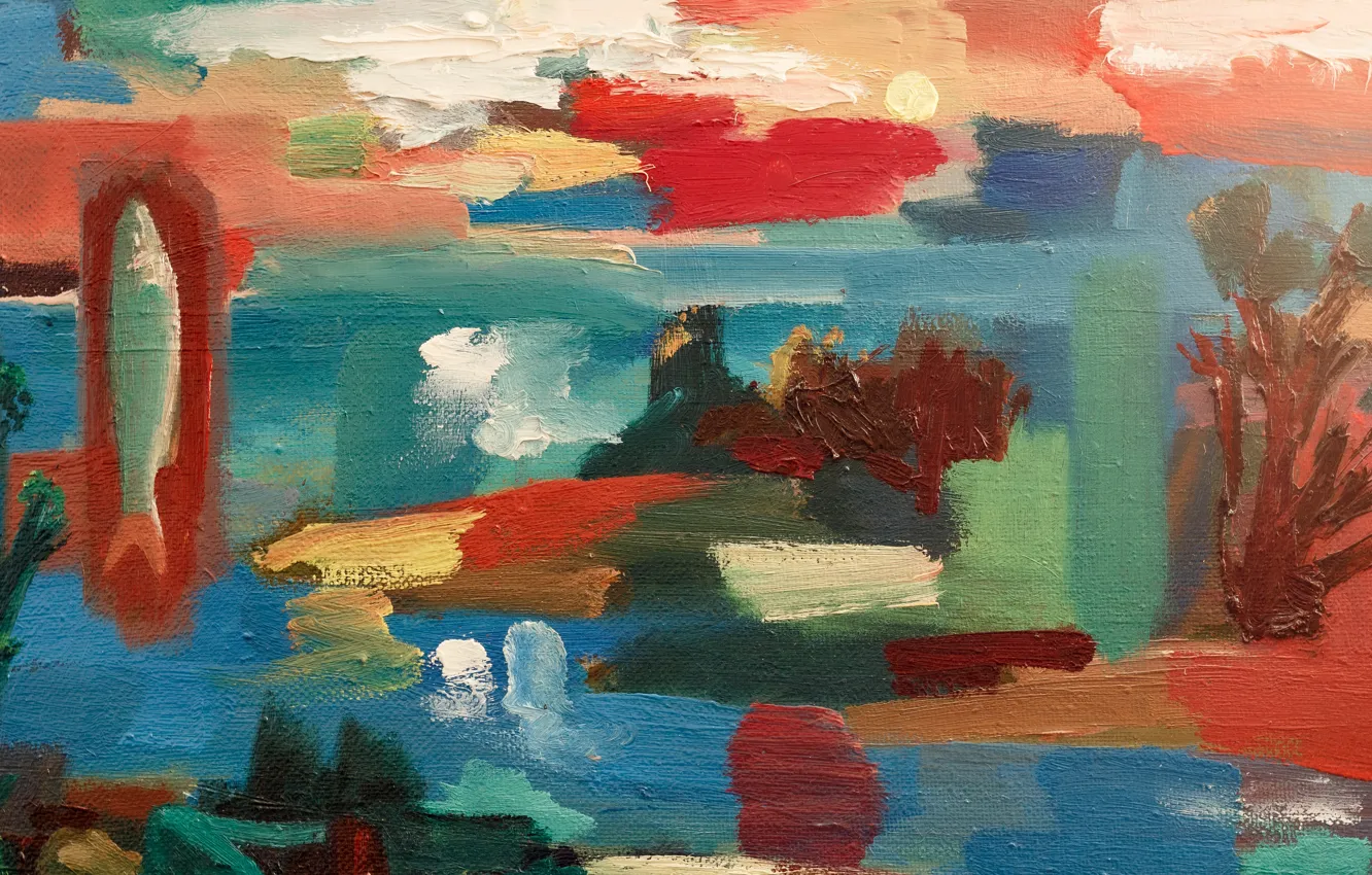 Photo wallpaper oil, canvas, river, painting, fish, Alexandr_curzenev